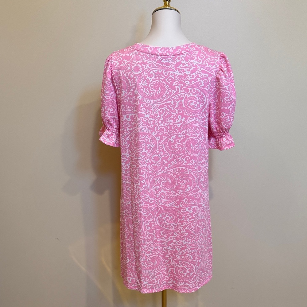 Crown & Ivy Pink Paisley Puff Sleeve Shift Dress Stretch Knit Size M - Picture 5 of 6